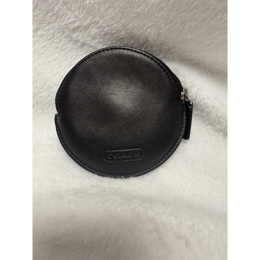 Coach Black Leather Round Coin Pouch Case Wallet Purse Zip Around Vintage
